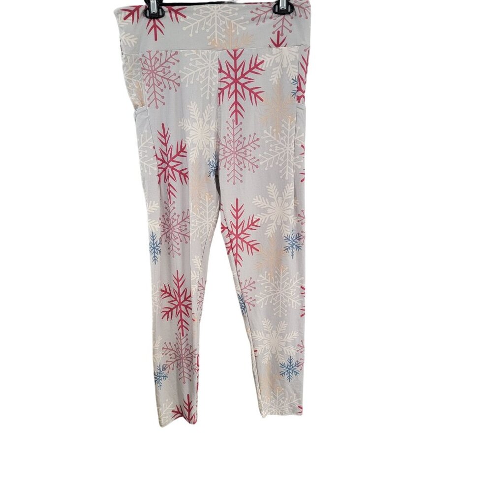 Snowflake Print Leggings Gray/Red/White Women's Plus OSMF  Stretchy & Comfortabl